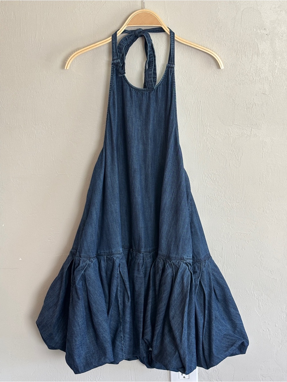 Free People Large Dark Denim Backless Halter Bubble Tent Dress Pockets Cotton - Picture 2 of 16